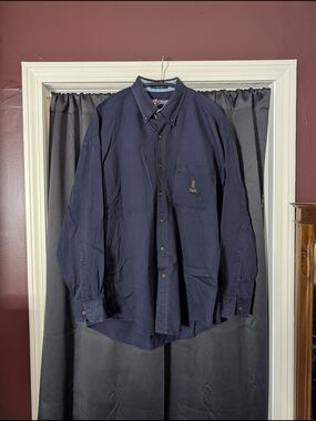 Ralph Lauren Chaps Vintage Navy Herringbone Woven Crest Logo Button-Down Shirt L